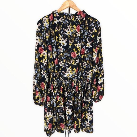 Banana Republic Black Floral Valeri Long Sleeve Ladder Stitch Smocked Dress sz M - Picture 9 of 12